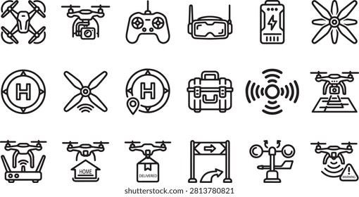 Drone technology line icon set, unmanned aerial vehicle equipment collection, 18 vector icons for quadcopter delivery and remote control flight