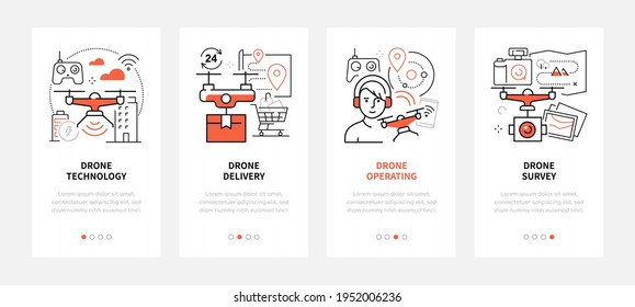 Drone technology - modern line design style web banners with copy space for text. Delivery, operating, survey carousel posts. Images of a controller, operator, camera, city buildings, parcel