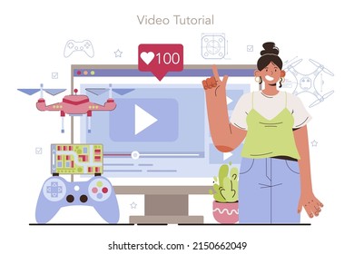 Drohnentechnologie, Online-Service oder Plattform. Innovatives Luftfahrt-, Pilot- und Flugkontrollzentrum. Online-Forum, Video-Blog, mobile App, Website. Flache Vektorgrafik