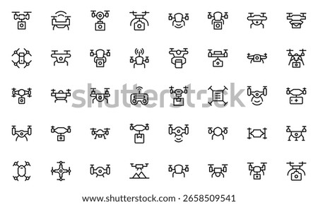 Drone Technology outline icon set. Contains linear outline icons like Quadrocopter, Propeller, Remote Control, Radar, Camera, Battery, Delivery, Copter. 