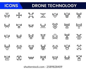 Drone Technology vector line icon set. Contains linear outline icons like Quadrocopter, Propeller, Remote Control, Radar, Camera, Battery, Delivery, Copter. 