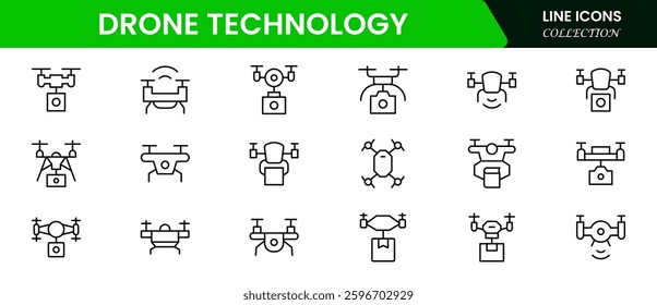 Drone Technology vector line icon set. Contains linear outline icons like Quadrocopter, Propeller, Remote Control, Radar, Camera, Battery, Delivery, Copter. 