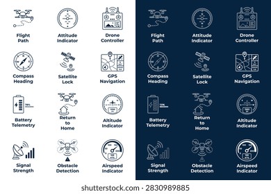 Drone telemetry interface and UAV flight navigation vector icon set featuring flight path route, attitude indicator, remote controller, compass heading, and GPS satellite navigation.