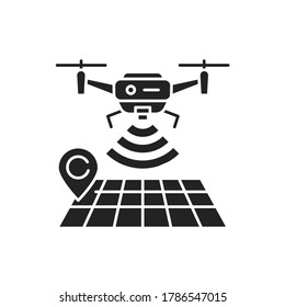 Drone Tracking Black Glyph Icon. GPS Navigation Symbol. Interactive Map And Quadcopter. Aircraft Device Concept. Sign For Web Page, Mobile App, Banner, Social Media