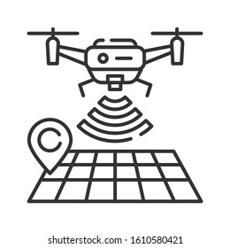 Drone Tracking Black Line Icon. GPS Navigation Symbol. Interactive Map And Quadcopter. Aircraft Device Concept. Sign For Web Page, Mobile App, Banner, Social Media. Editable Stroke.