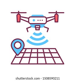 Drone tracking color line icon. GPS navigation symbol. Interactive map and  quadcopter. Aircraft device concept. Sign for web page, mobile app, banner, social media. Editable stroke.
