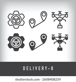 Drone transportation, going to location and parcel adjustment design. Simple linear and flat delivery icon set.