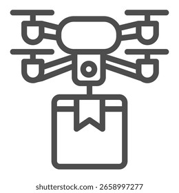 Drone para transporte de mercadorias ícone de linha, conceito de dispositivo de transporte, sinal de entrega de computador e pacote no fundo branco, ícone de estilo de contorno para design móvel e web. Gráficos vetoriais
