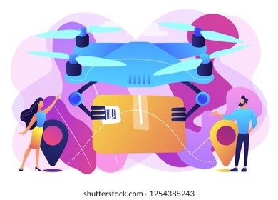 Drone transporting package to location pins with business people waiting for it. Drone delivery, commercial drone, drones business trend concept. Bright vibrant violet vector isolated illustration