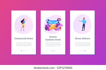 Drone transporting package to location pins with business people waiting for it. Drone delivery, commercial drone, drones business trend concept. Mobile UI UX GUI template, app interface wireframe