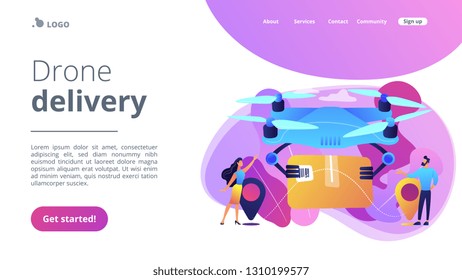Drone transporting package to location pins with business people waiting for it. Drone delivery, commercial drone, drones business trend concept. Website vibrant violet landing web page template.