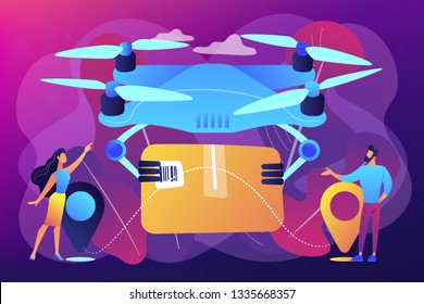 Drone transporting package to location pins with business people waiting for it. Drone delivery, commercial drone, drones business trend concept. Bright vibrant violet vector isolated illustration