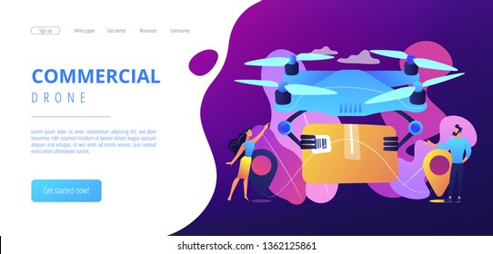 Drone transporting package to location pins with business people waiting for it. Drone delivery, commercial drone, drones business trend concept. Website vibrant violet landing web page template.