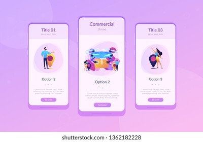 El transporte de paquetes de drones a los pines de la ubicación con gente de negocios esperando. Entrega de drones, drones comerciales, concepto de tendencia del negocio de los drones. Plantilla de interfaz de usuario de usuario de Mobile UX GUI, wireframe de interfaz de aplicación