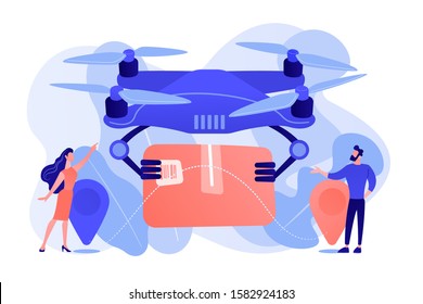 Avión no tripulado que transporta el paquete a los pines de la ubicación con gente de negocios que lo espera. Entrega de drones, drones comerciales, concepto de tendencia comercial de drones. Ilustración aislada del catéter de coral