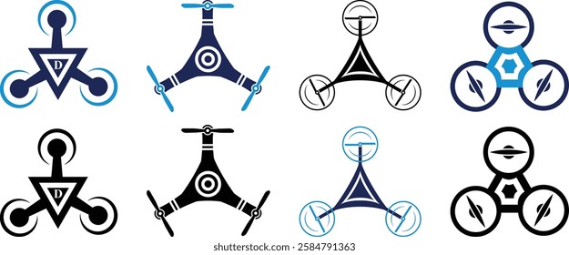 Drone Tricopter Illustration equipped. Aerial mobile Tri copter drone. Drone Tri-copter legs with action camera isolated on white background. Vector flat illustration.