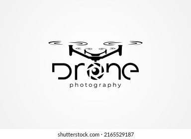 Drone Typography Logo, drone text with letter O as drone camera lens, flat design logo template, vector illustration