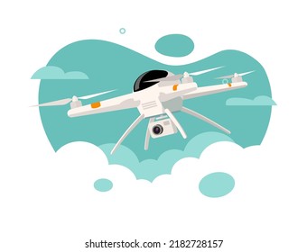 Drone uav quadrotor vector flying with photo and video surveillance technology or quadcopter aircraft in sky modern graphic tech illustration flat cartoon