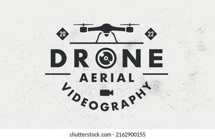 Drone, UAV videography logo, poster. Drone trendy logo with drone and video camera icons. Vector emblem template.