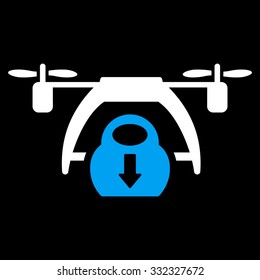 Drone Unloading vector icon. Style is bicolor flat symbol, blue and white colors, rounded angles, black background.