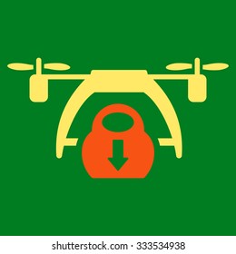 Drone Unloading vector icon. Style is bicolor flat symbol, orange and yellow colors, rounded angles, green background.