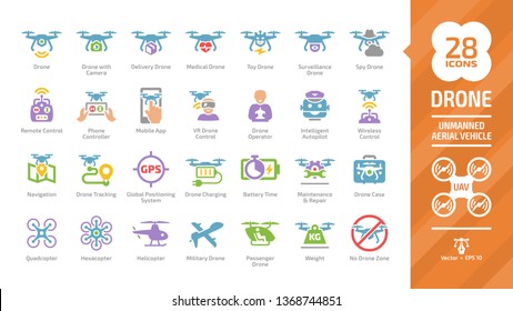 Drone Unmanned Aerial Vehicle Color Glyph Icon Set With UAV Digital Technology, Camera, Delivery, Military, Passenger,  Helicopter, Quadcopter, Hexacopter, Remote Control And Operator Sign.