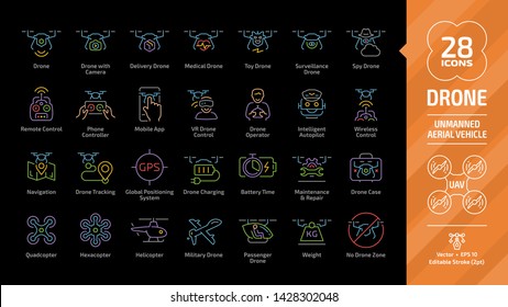 Drone unmanned aerial vehicle editable stroke outline color icon set on a black background with UAV digital technology, maintenance and repair, copter case, weight line pictogram.
