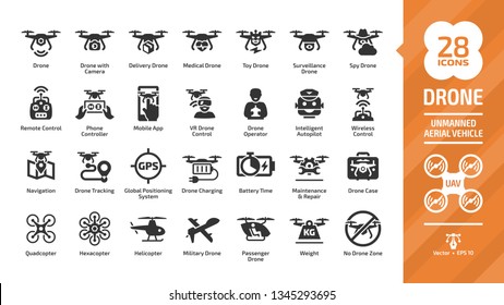 Drone Unmanned Aerial Vehicle Glyph Icon Set With UAV Digital Technology, Sky Camera, Military And Delivery Aircraft Robots, Helicopter, Remote Control Silhouette Symbols.