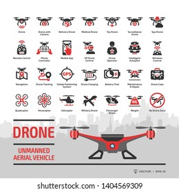 Drone unmanned aerial vehicle glyph icon set with flat red UAV, skyline, autonomous technology, sky camera, military and delivery aircraft robots, helicopter, remote control silhouette symbols.