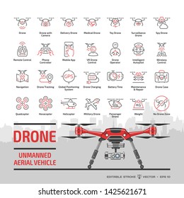 Drone unmanned aerial vehicle outline icon set with flat red UAV mockup, skyline, autonomous aircraft tech, sky camera, military and delivery robots, helicopter, remote control editable stroke signs.