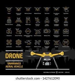 Drone unmanned aerial vehicle outline icon set on a black background with flat yellow UAV mockup, city skyline and symbols collection: camera, military and delivery robots editable stroke signs.