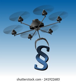 Drone or unmanned aerial vehicle UAV carrying a paragraph signs as a symbol for legal problems or regulations. Vector illustration on blue gradient background.