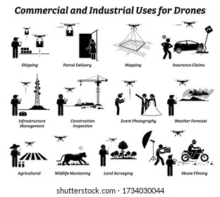 Drone usage and applications for commercial and industrial work. Vector icons of drones uses on shipping, delivery, mapping, infrastructure, construction, weather, agricultural, and land survey.