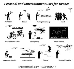 Drone usage and applications for personal and entertainment. Vector icons of drones uses on leisure, social, sports event, photography, record footage, racing game, display, and scaring birds away.