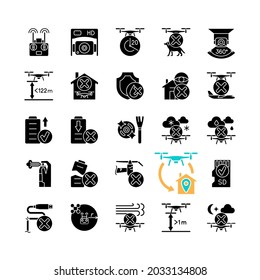 Drone usage black glyph manual label icons set on white space. Drone flight restriction. Prevent damage risk. Silhouette symbols. Vector isolated illustration for product use instructions