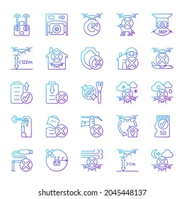 Drone usage gradient linear vector manual label icons set. Drone flight restriction. Thin line contour symbols bundle. Isolated outline illustrations collection for product use instructions