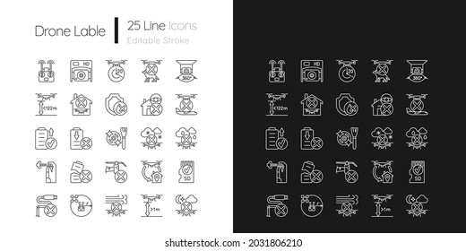 Iconos de etiquetas manuales lineales de uso de drones establecidos para el modo oscuro y luminoso. Riesgo de daños. Símbolos de línea delgada personalizables. Ilustraciones aisladas de esquema vectorial para instrucciones de uso del producto. Trazo editable