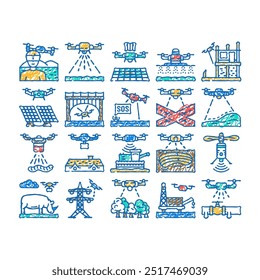 drone use technology doodle icons set vector. sketch line art agriculture farm, smart camera, farmer modern, precision digital, field, robot soil drone use technology color illustrations