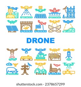 drone use technology icons set vector. agriculture farm, smart camera, farmer modern, precision digital, field, robot soil drone use technology color line illustrations
