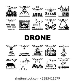 drone use technology icons set vector. agriculture farm, smart camera, farmer modern, precision digital, field, robot soil drone use technology glyph pictogram Illustrations