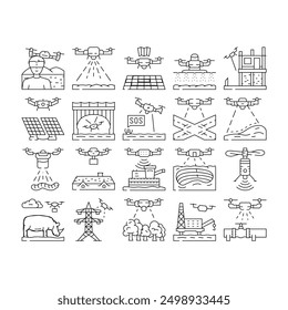 drone use technology icons set vector. agriculture farm, smart camera, farmer modern, precision digital, field, robot soil drone use technology black contour illustrations