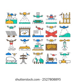 drone use technology icons set vector. agriculture farm, smart camera, farmer modern, precision digital, field, robot soil drone use technology color Contour Illustrations