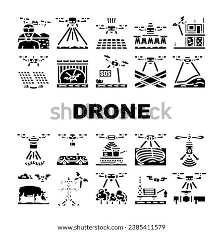 drone use technology icons set vector. agriculture farm, smart camera, farmer modern, precision digital, field, robot soil drone use technology glyph pictogram Illustrations