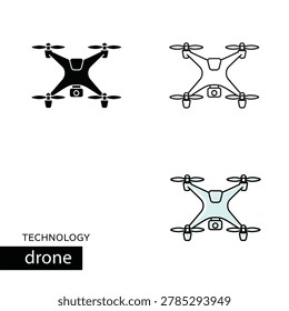 Drone vector icon. quadcopter technology device. unmanned aerial vehicle with camera set. modern uav in various styles for photography.