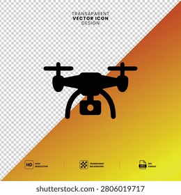 Drone vector icon. remote control aircraft symbol. camera equipped drone outline. aerial photography device silhouette. unmanned aerial vehicle graphic. quadcopter minimal drawing. flying machine shape. surveillance tool sign. technology innovation. modern gadget. professional equipment. simple design. black silhouette. isolated on background. digital illustration.