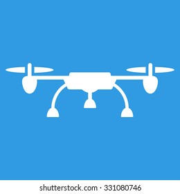 Drone vector icon. Style is flat white symbol, rounded angles, blue background.