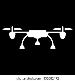 Drone vector icon. Style is flat white symbol, rounded angles, black background.