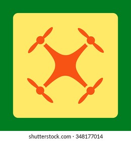 Drone vector icon. Style is flat rounded square button, orange and yellow colors, green background.