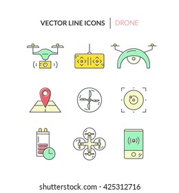 Drone vector icons. Technology and innovation symbols. Modern vehicles for photography, delivery and military purposes.