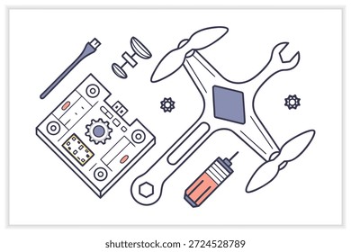 Drone Vector Illustration Set UAV, Aerial Technology, Quadcopter, Remote Control Drone